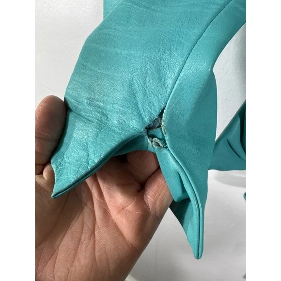Badgley Mischka Vintage Teal Leather Jacket Silk Lined Cropped Tie Waist Sz M/8 - Picture 16 of 16
